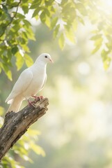 Fototapeta premium Vertical portrait of white dove perched on tree branch. Symbol of peace and purity in nature