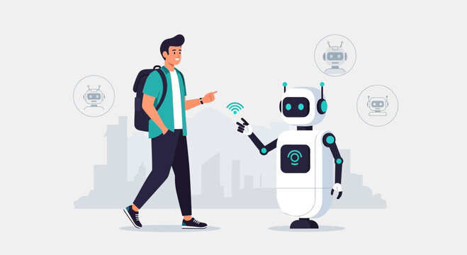 Man Interacting With Futuristic Robot With Wireless Connection In Urban Environment