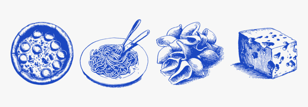 Italian pasta and pizza hand drawn ink line sketch style. Mediterranean food set with pasta and cheese with a textured crayon for vintage style restaurant branding.