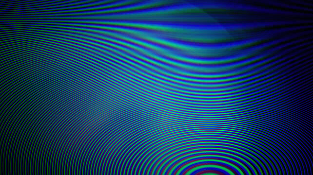 Abstract screen texture with blue and green moire pattern and circular interference waves suitable for digital technology backgrounds and futuristic cyber design