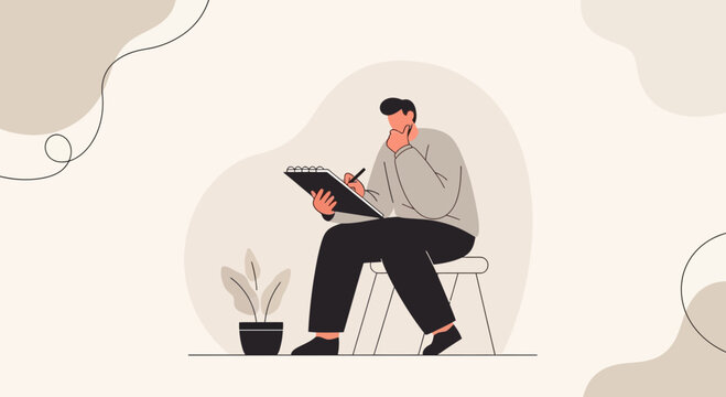 Man Thinking Deeply While Writing Notes Minimalist Modern Design