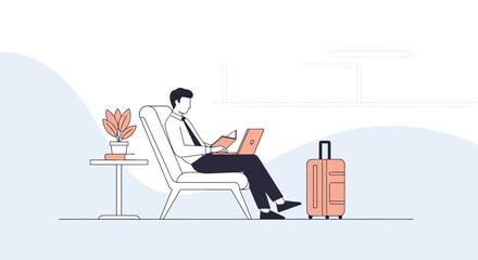 Fototapeta premium Man Relaxing With Laptop And Book In A Waiting Area