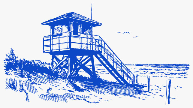 Coastal lifeguard hut ramp wooden beach lookout sketch. Small cabin above sand with plants and open sea. Hand drawn style blue vintage illustration for travel card or poster.