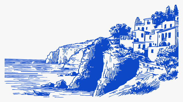 Sunny cliffside town crayon vintage sketch style drawing line. Blue ink illustration of mediterranean houses, road and sea with small boat. Charming travel landscape for posters, prints or decor.