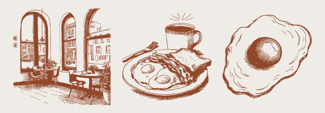 Breakfast cafe interior eggs bacon coffee set. Hand drawn crayon vintage sketch style drawing line art. Cozy morning food scenes with window tables and fried eggs.