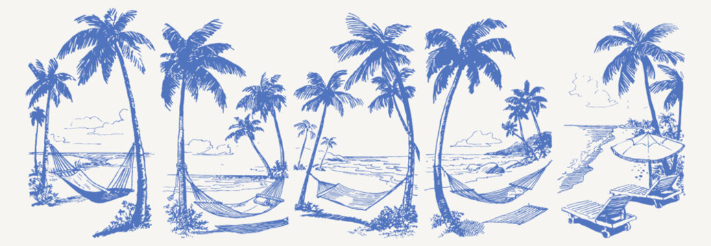 Palm hammock beach resort relax seaside set. Hand drawn crayon vintage sketch style drawing line art. Calm ocean scenes with sunbeds, umbrellas and tropical vacation atmosphere.