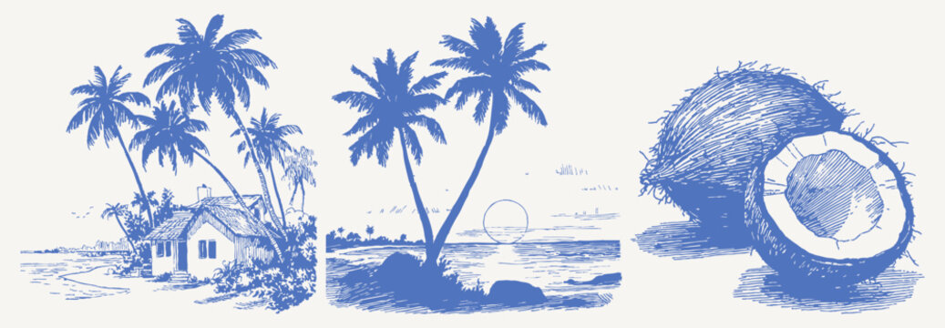Island cottage palms coconut shore paradise set. Hand drawn crayon style vintage sketch drawing line style. Tropical bungalow, sea view and coconut fruit for vacation branding.