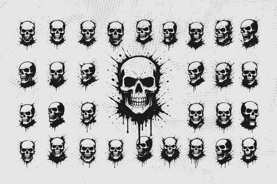 Collection of grunge skulls in black and white for design