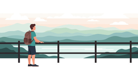 Naklejka premium Man With Backpack Gazing At Serene Mountain Vista Peaceful Travel Scene