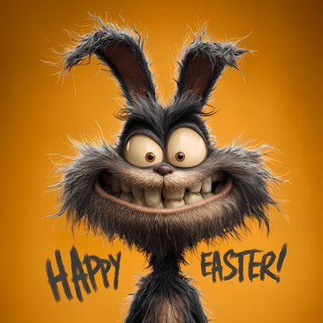 Ein lustig, zotteliger Osterhase mit der Schrift "Happy Easter" vor gelben Hintergrund.
