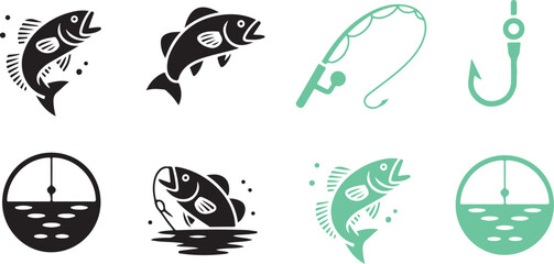 Obraz premium A set of black and mint green icons showing jumping fish fishing rod hook and water with bobber