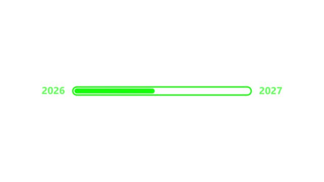 A bright green progress bar extending from 2026 to 2027 on a white background.