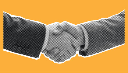 Trendy punk halftone collage element of Handshake, retro halftone elements, retro halftone effect vector illustration design. © Mizan
