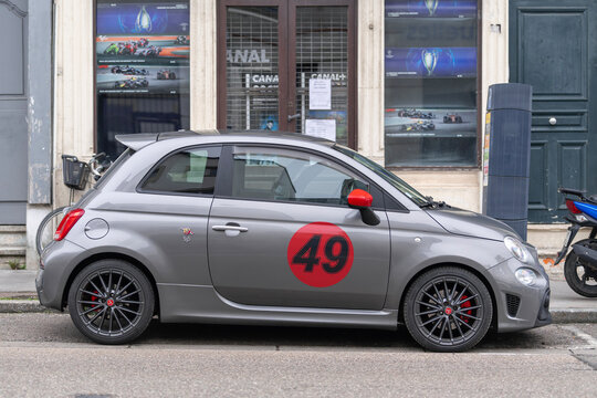 Nancy, France - January 18th 2026 : View on a side view of a grey Abarth 595 Pista parked on a street.