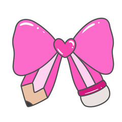 Vibrant pink ribbon bow with heart center and pencil tips illustration in cute aesthetic cartoon style for creative designs
