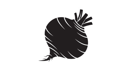A striking black and white silhouette depicts a single beetroot showcasing its rounded shape and leafy green top © Kuntol02