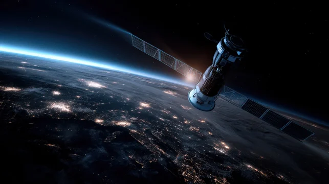 Advanced Orbital Data Center Satellite Orbiting Earth With Night City Lights Background