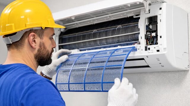 Technician repairing an air conditioner.
