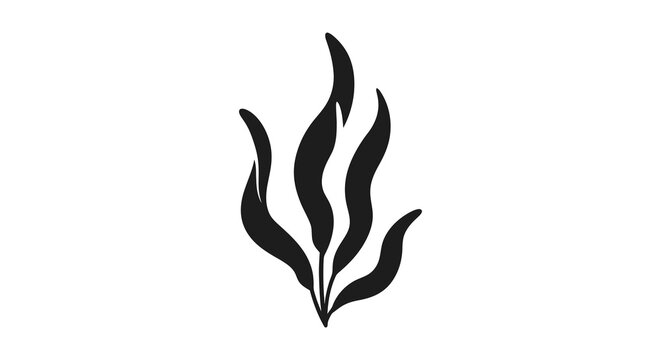 A minimalist black and white illustration depicts several slender upright plant stems with pointed tips resembling seaweed