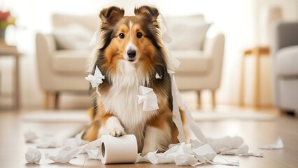 Mischievous dog with torn toilet paper.