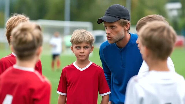 Young football players with coaches on grass practice field, soccer team training session, youth athletic program, coach explaining game plan, children listening to strategy,