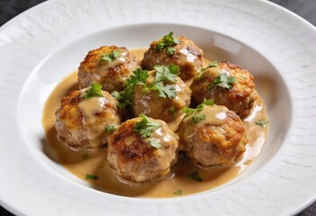 Succulent meatballs garnished with fresh cilantro in a rich cream sauce served in a decorative bowl showcasing culinary artistry and gourmet elegance