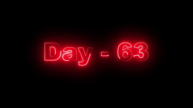 Red glowing neon text displaying Day - 63 centered on a solid black background, ideal for fitness challenges, project countdowns, daily habit tracking, timeline markers, and motivational milestone gra