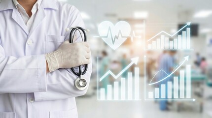 Medicine doctor with stethoscope touching virtual hologram screen interface