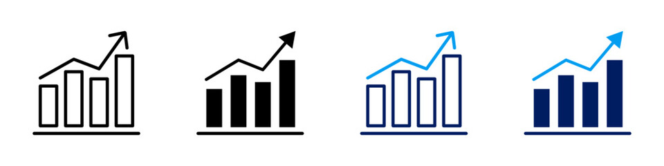 Four variations of bar chart icons with upward arrows representing growth and progress.