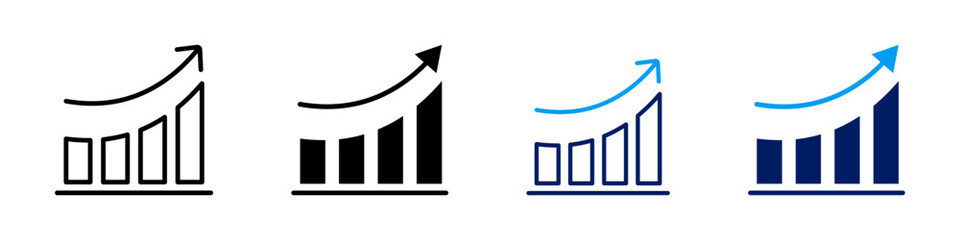 Collection of icons representing success and growth with rising bar charts and arrows.