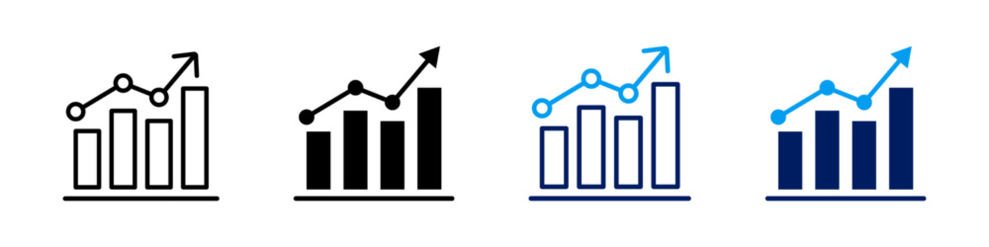 Collection of four business growth icons showing bar charts and upward trending line graphs.