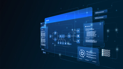 AI workflow automation artificial intelligence. ai agent automation dashboard machine learning showing node input, processing flow panel, coding panel and process flow.