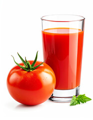 Glass of tomato juice and a tomato, white background. AI