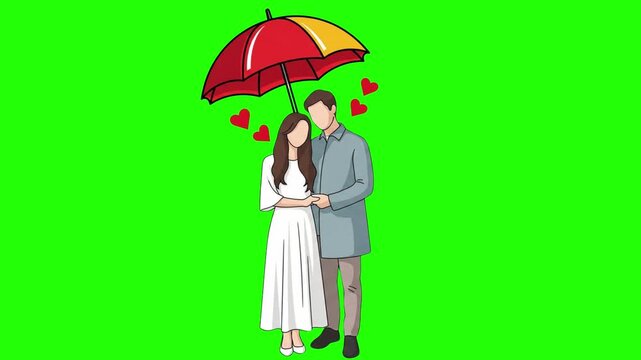 Loving couple under colorful umbrella with hearts, vector illustration for Valentine's Day or romantic background, overlay effect for banner or poster