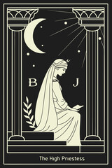 Fototapeta premium The High Priestess tarot card with pillars and book, vintage vector illustration