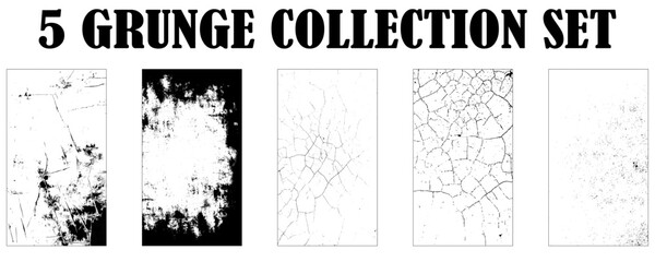 Fototapeta premium Collection of 5 grunge black dust and scratch wall texture. Set of Black and white grunge. Distress overlay texture. Surface dust and rough dirty wall background concept.