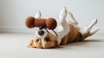 Playful dog with toy bone lying.