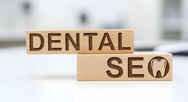 Dental Clinic SEO and Healthcare Website Optimization Strategy Concept with Wooden Blocks on Soft Light Background