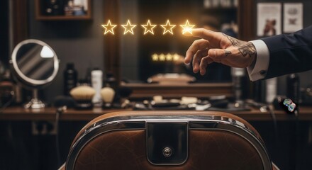 Professional feedback concept in barbershop. Hand with tattoo and suit sleeve selecting five stars rating. Elegant male grooming salon interior with vintage chairs and tools background.