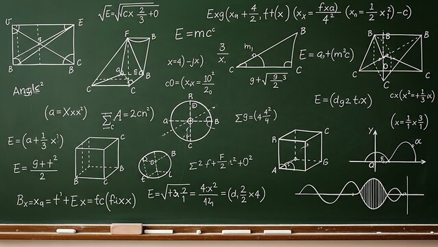 Mathematical equations and geometric shapes on blackboard.