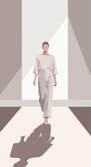 Obraz premium Modern Fashion Model Strides Down A Sunlit Runway