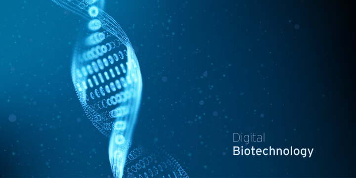 Abstract blue DNA molecule, double helix Technology illustration. Gene digital biotechnology futuristic concept. Biology genetic research backdrop.