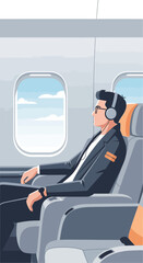 Modern Traveler Enjoying Music During Air Travel Comfortably Seated Inside Airplane Cabin