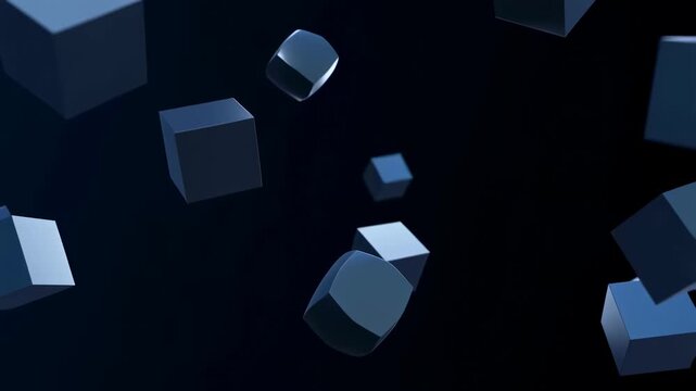Abstract 3D animation of floating geometric cubes in a dark environment. Represents creativity, technology, and modern design concepts
