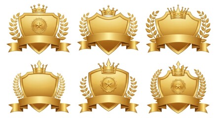 Six golden shields with crowns and laurel wreaths, each adorned with a ribbon and a star, set against a white background.