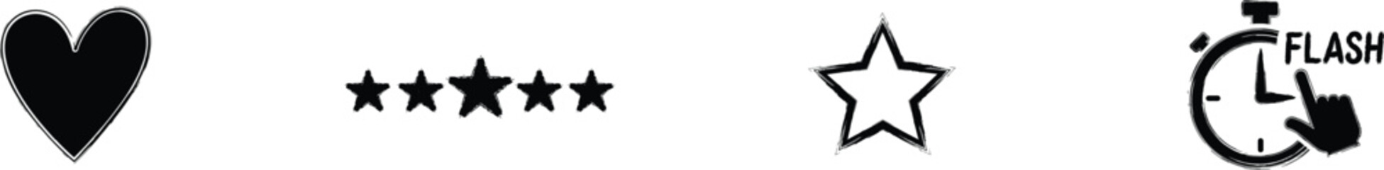 Wishlist Heart, Customer Review Star, Product Rating and Flash Deal Timer Ecommerce Icon Set