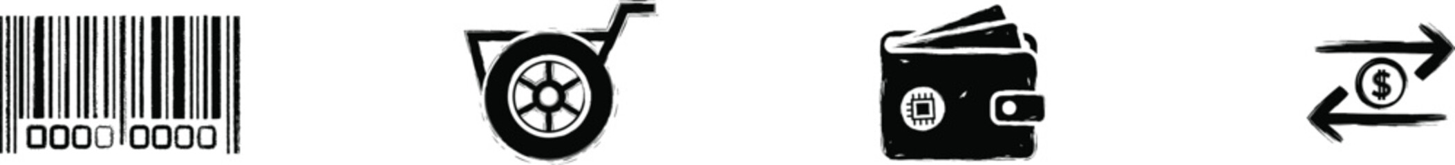 Product Barcode, Shopping Cart Wheel, Digital Wallet and Compare Items Ecommerce Icon Set