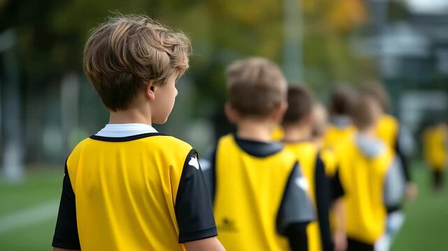 Boys attending soccer practice class at training camp, children on football field, school athletic program, youth soccer training, kids learning teamwork skills, outdoor sports