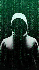 Anonymous computer hacker over abstract digital background. Obscured dark face in mask and hood. Data thief, internet attack, darknet fraud, dangerous viruses and cyber security.