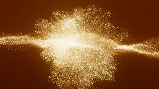 Golden sparkling explosion with radiant particles creating a dynamic visual effect. Represents energy, celebration, and creativity in motion